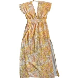 ISLA Made in Paris Deep V-Neck Yellow Florals Maxi Dress Size Large‎